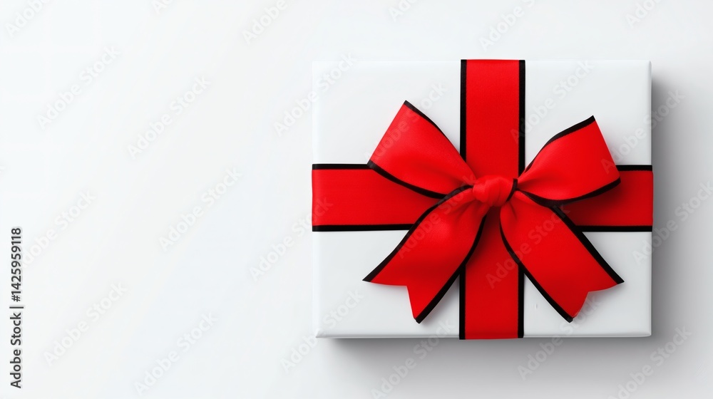 White gift box with red ribbon on white surface