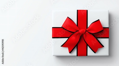 White gift box with red ribbon on white surface