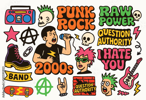 A bold punk‑rock vector sticker set with singers, mohawks, boomboxes, anarchy symbols, guitars, safety pins, and slogans like PUNK ROCK, RAW POWER, QUESTION AUTHORITY, and I HATE YOU.