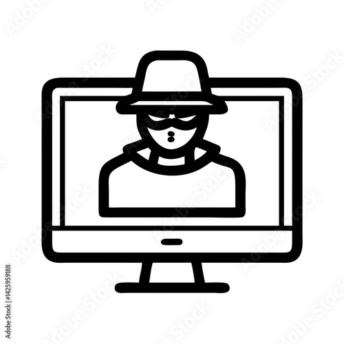 Hacker on Monitor Icon Representing Cybercriminal Activity and Online Threats