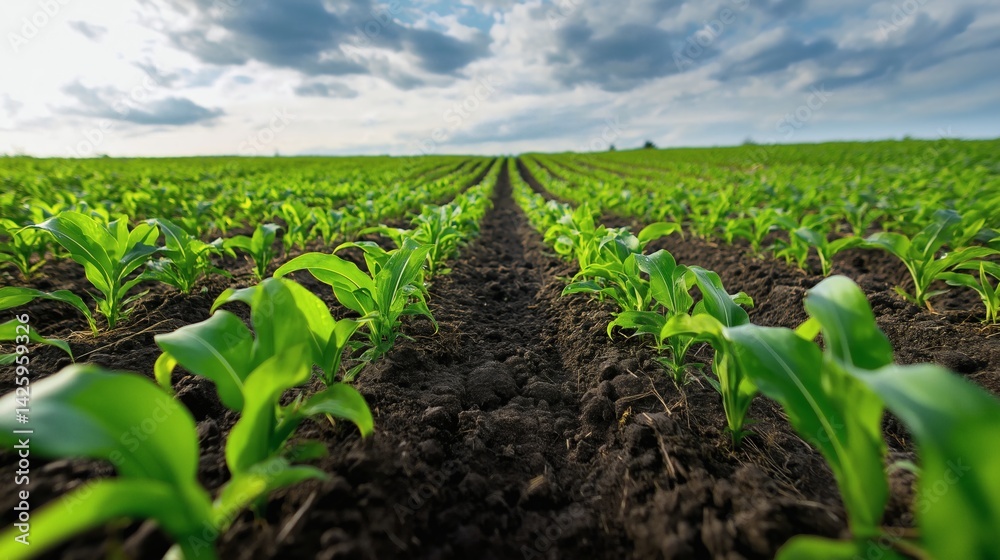 Young corn plants in neat rows on cultivated land, perfect for farming and growth concepts