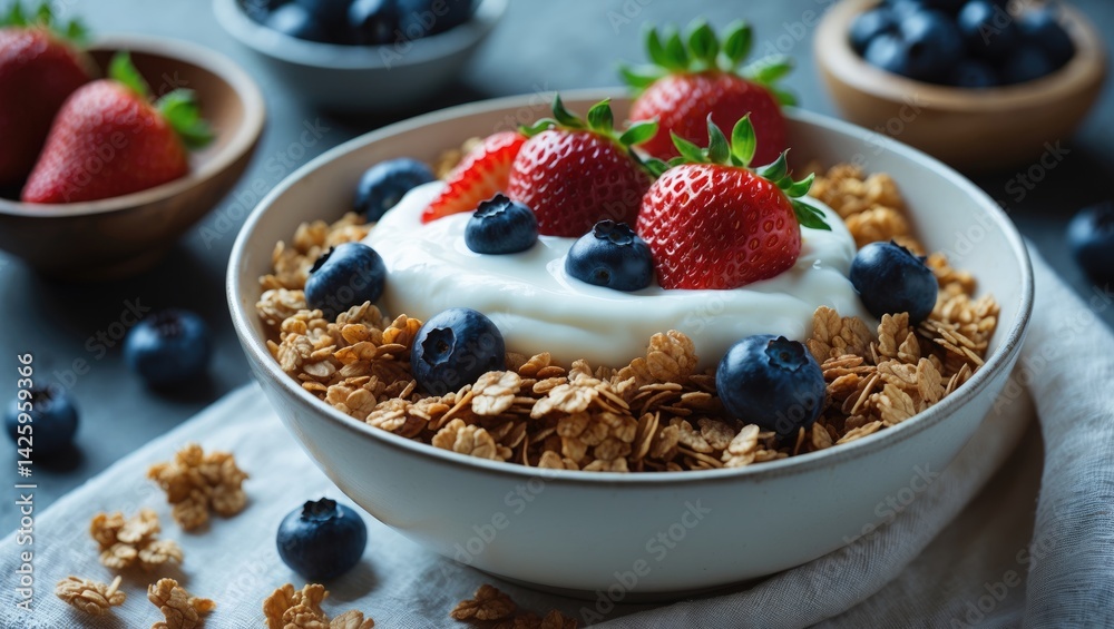 Scrumptious yogurt topped with granola and mixed berries on a table, close-up Scrumptious yogurt topped with granola and mixed berries on a table, close-up