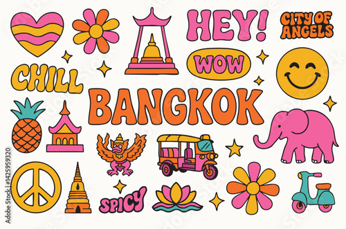  A vibrant Bangkok‑themed sticker collection: tuk‑tuks, pink elephants, ornate temples, spicy street‑food accents, tropical flowers and “BANGKOK” in bold letters