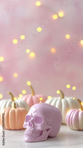 Obraz na płótnie A shiny pastel pink skull is surrounded by soft pink, white, and peach pumpkins with golden stems, set against a dreamy background with fairy lights. w salonie