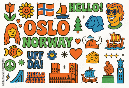 A cheerful Oslo/Norway sticker pack with Viking ships, helmets, fjord icons, the City Hall,  tulips, fjord fish, the Vigeland statue and a friendly dog head.