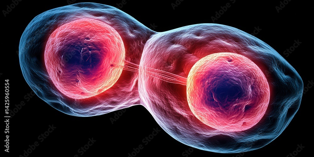 A detailed two cells in the process of division, connected by microtubules, with vibrant red and blue coloring.