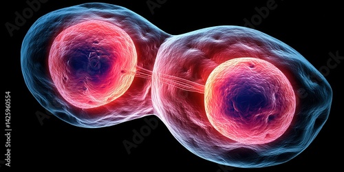 A detailed two cells in the process of division, connected by microtubules, with vibrant red and blue coloring.