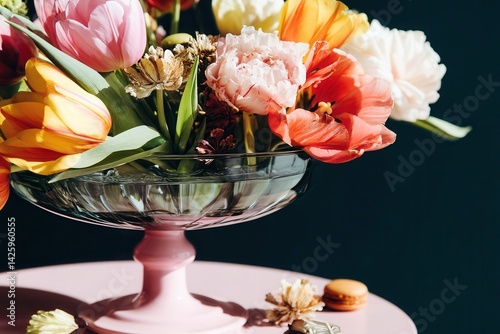 A vibrant mix of tulips and peonies is displayed in a crystal clear glass bowl on a pink pedestal table with macarons and dried flowers.
