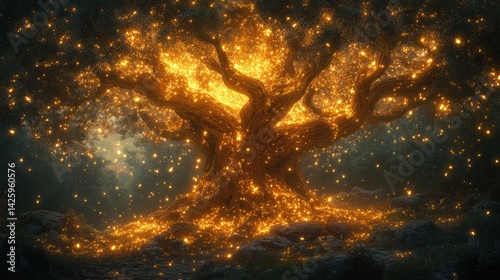A magnificent ancient tree radiating mystical light amidst a serene forest, creating an enchanting and magical atmosphere
