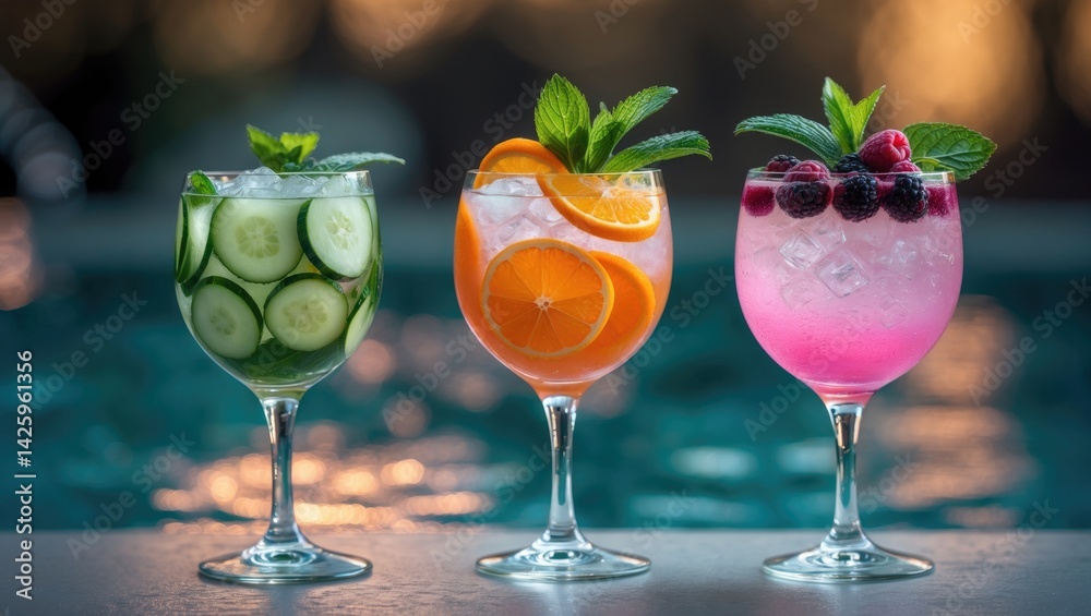 Refreshing gin cocktails by the poolside during summer party Refreshing gin cocktails by the poolside during summer party