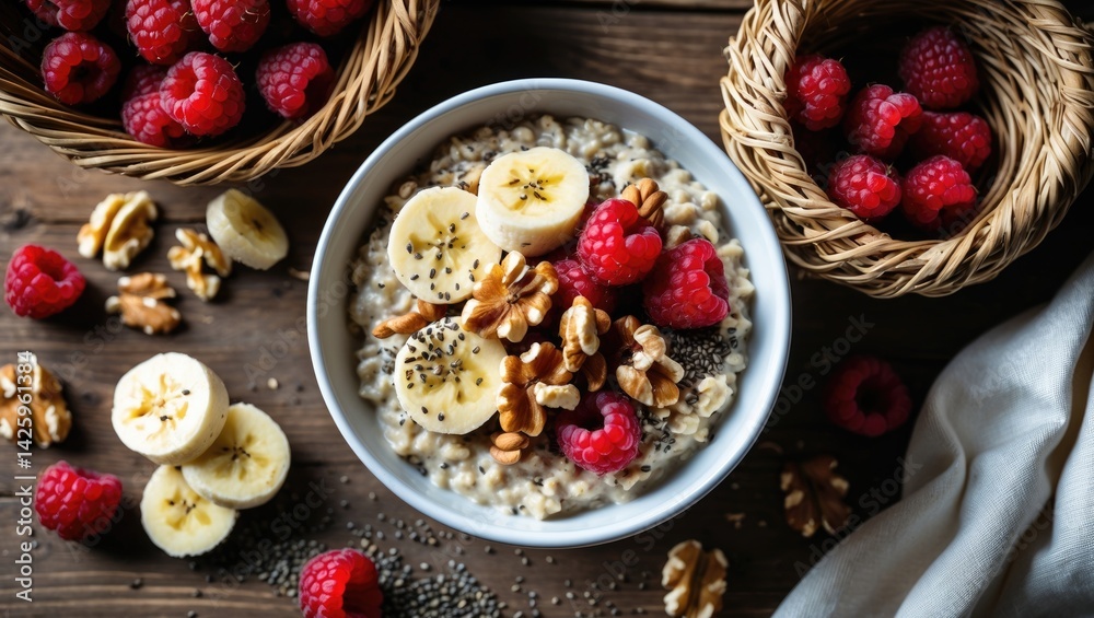 Fototapeta premium Healthy and tasty oatmeal topped with banana, raspberries, and nuts