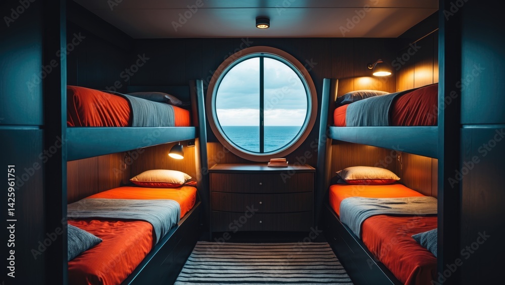 Fototapeta premium Inside a cozy living cabin featuring bunk beds and a window