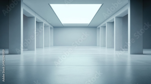 spacious, minimalist interior featuring sleek columns and large skylight that allows natural light to flood area, creating serene and open atmosphere