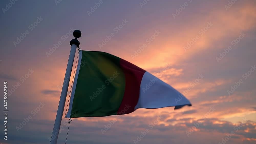Cinematic CGI of the Madagascar flag blowing at sunset, symbolizing national pride across the island nation with tropical wind and golden-hour lighting.