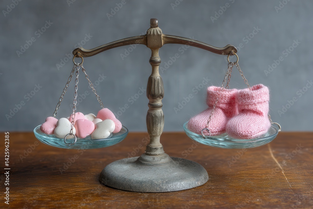 A vintage balance scale holds pink and white heart-shaped objects on one side and knitted pink baby booties on the other, placed on a wooden table.
