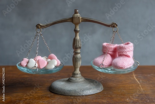 Obraz na płótnie A vintage balance scale holds pink and white heart-shaped objects on one side and knitted pink baby booties on the other, placed on a wooden table. w salonie