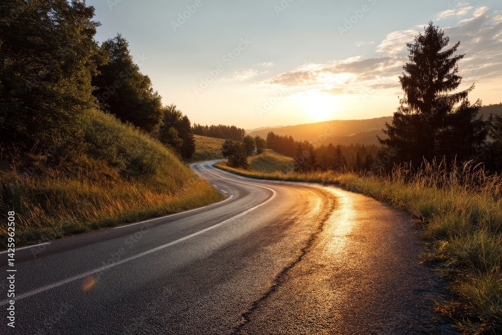 Fototapeta premium Scenic Winding Road at Sunset: Journey Through Golden Hills and Lush Greens