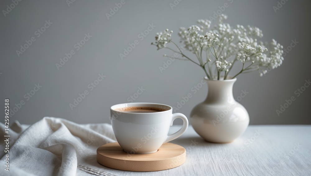 Coffee cup and flower vase on a table with tablecloth and wall background Coffee cup and flower vase on a table with tablecloth and wall background
