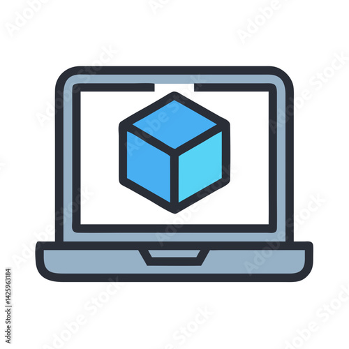 Laptop with 3D Cube Icon Representing Virtual Learning and Interactive Education