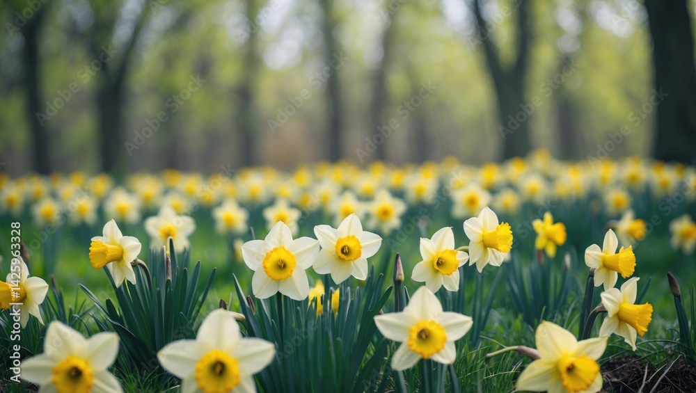 Daffodils in full bloom under sunlight with a shallow depth of field
