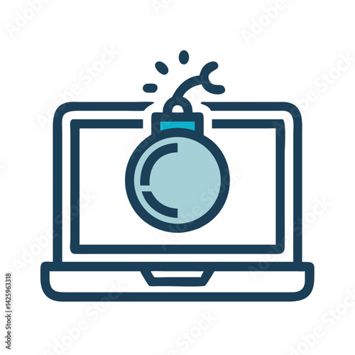 Laptop with Bomb Icon Representing Exploit Attack and Cybersecurity Threat