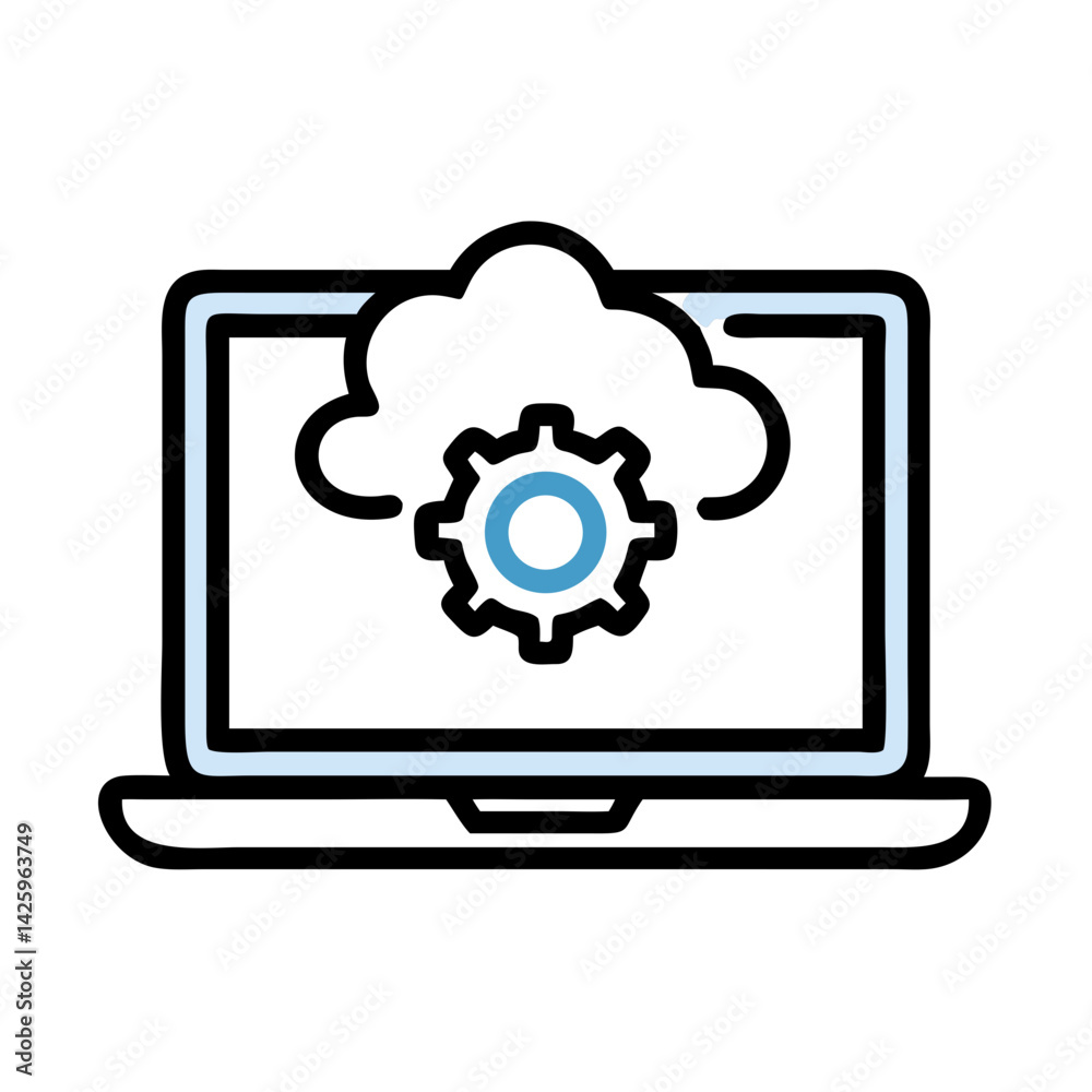 Laptop with Cloud Gear Icon Representing Cloud Computing and System Configuration Laptop with Cloud Gear Icon Representing Cloud Computing and System Configuration