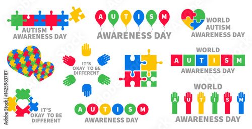 Autism awareness day elements. Puzzle, hand, balloon, heart autism icons