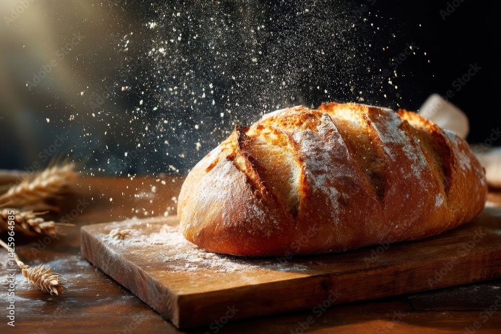 Freshly baked sourdough bread on cutting board with flour dust in morning light creating a cozy atmosphere Freshly baked sourdough bread on cutting board with flour dust in morning light creating a cozy atmosphere