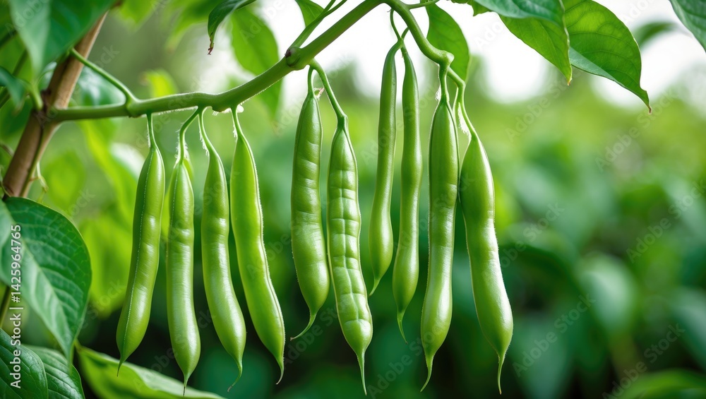 Bean plant featuring Hyacinth green beans (Lablab purpureus) with green leaves, showcasing botanical and horticultural aspects. Bean plant featuring Hyacinth green beans (Lablab purpureus) with green leaves, showcasing botanical and horticultural aspects.
