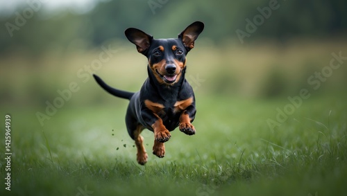 Cheerful dachshund running on grass
