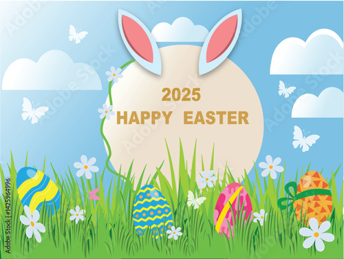 Horizontal banner with paper cut clouds, rabbit, eggs and spring grass, blue sky background, papercut craft art. Place for text. Happy Easter day sale concept, voucher template