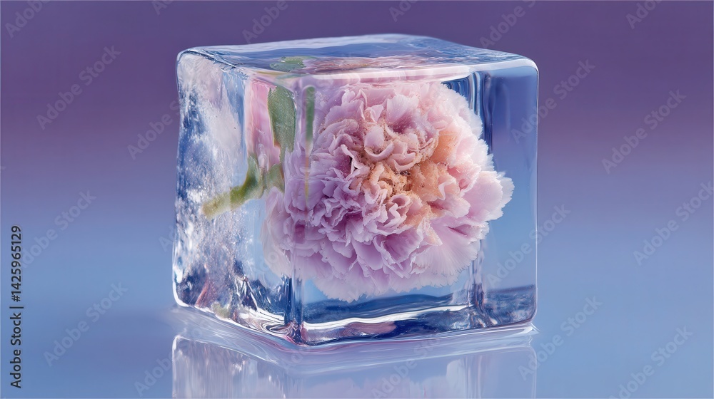 A delicate pink peony flower is frozen inside a clear, detailed ice cube placed on a reflective surface with a soft purple gradient background.
