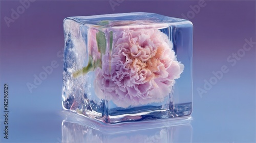 Obraz na płótnie A delicate pink peony flower is frozen inside a clear, detailed ice cube placed on a reflective surface with a soft purple gradient background. w salonie