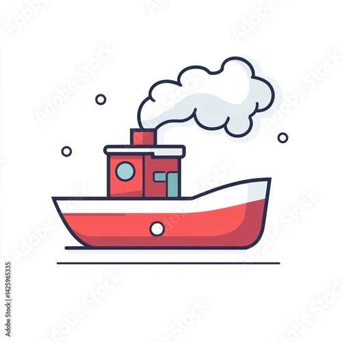 Red tugboat steaming, ocean background, nautical illustration, kids book