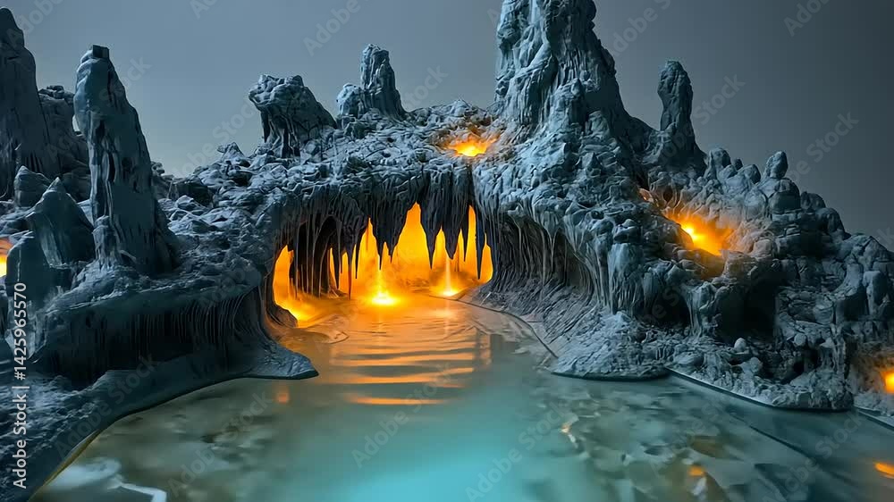Enchanting Ice Cave Formation with Glimmering Pool and Radiant Light Sources