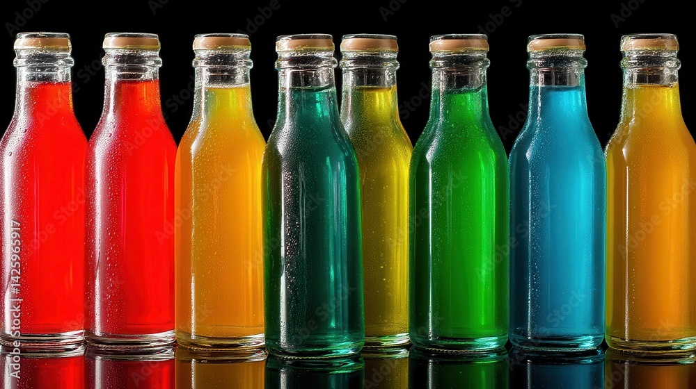 Multiple colorful glass bottles filled with different juices are neatly arranged in vertical rows, showcasing a vibrant gradient of hues.
