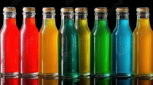 Obraz na płótnie Multiple colorful glass bottles filled with different juices are neatly arranged in vertical rows, showcasing a vibrant gradient of hues. w salonie