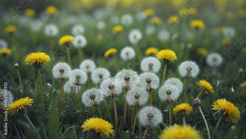 Blooming yellow dandelions and carnations in Washington state with seed heads forming in groups photo