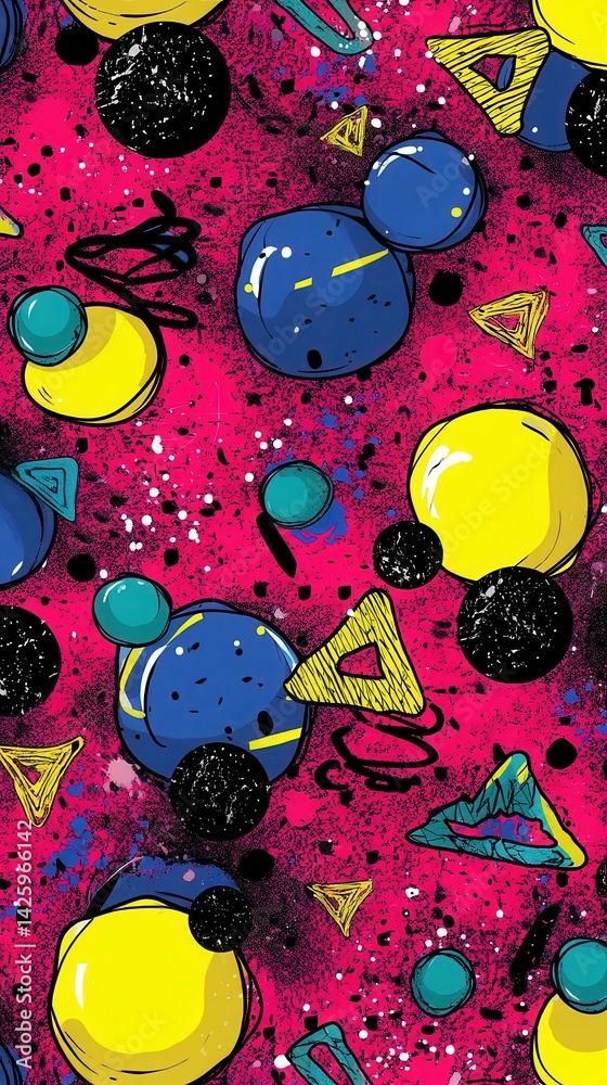 A bold and colorful abstract pattern with geometric shapes like circles and triangles in blue, yellow, and black on a vivid pink background.