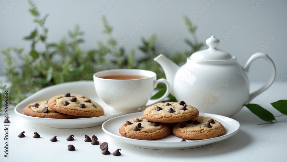 Gourmet tea and homemade chocolate chip cookies for a relaxing tea time