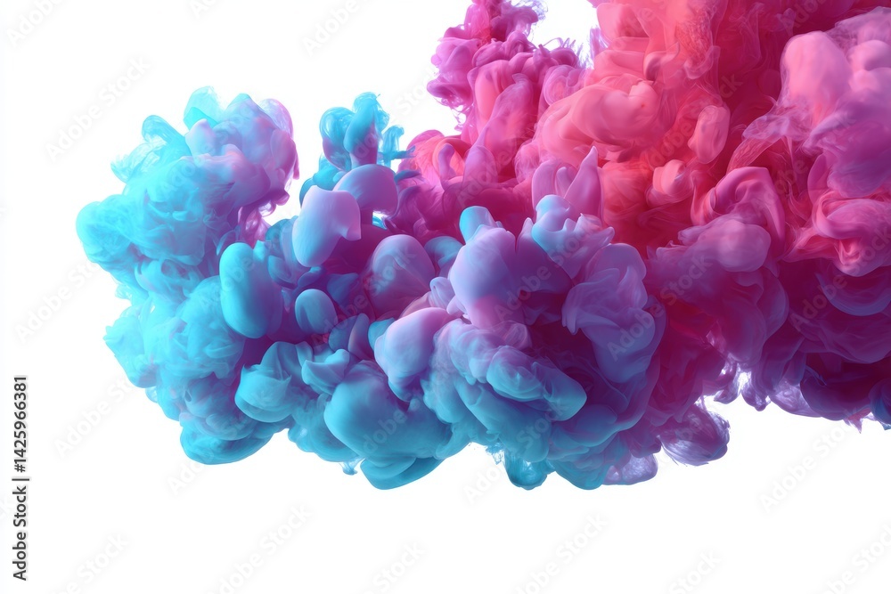 Fototapeta premium Colored smoke in pink and blue hues floats delicately on a white background, creating a vibrant and artistic display