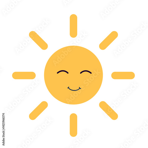 Cute cartoon smiling sun with simple rays on white background. Weather forecaster characters with funny faces.