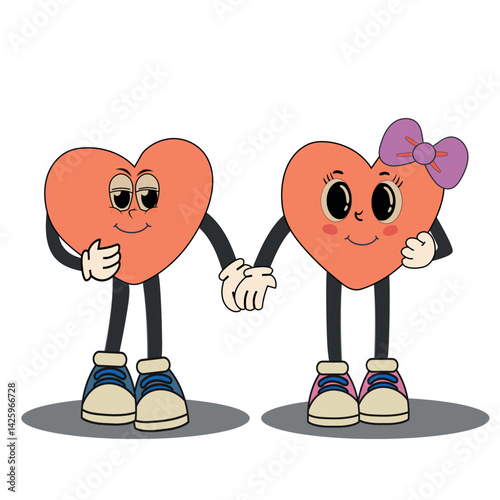 Cute groovy heart couple holding hands with happy expressions in a playful retro design