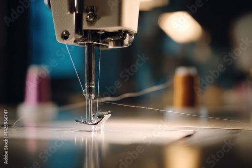 Close-up view of sewing machine needle and thread in a textile workshop filled with creative energy and craftsmanship