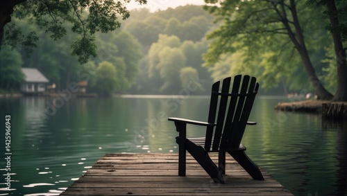 Dock by the lake with a chair and cottage in nature setting for camping