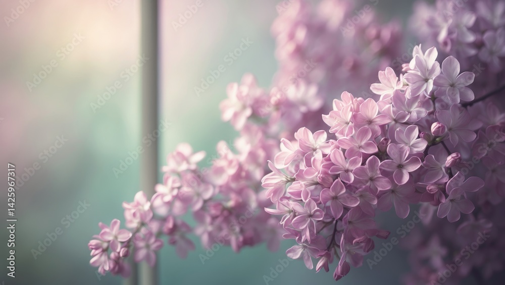 Obraz premium Horizontal floral background featuring light pink lilac blooming flowers with a close-up, softly focused design