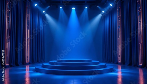 Captivating stage with vibrant blue illumination and majestic draperies