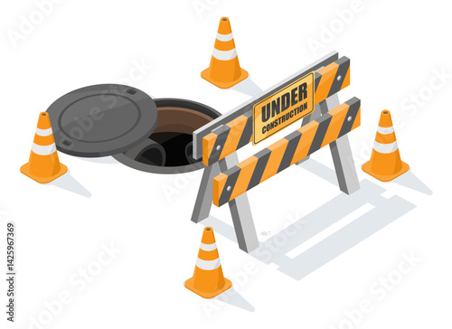 Isometric illustration of an open manhole surrounded by traffic cones and a construction barrier with under construction sign on white background for safety and infrastructure design cartoon