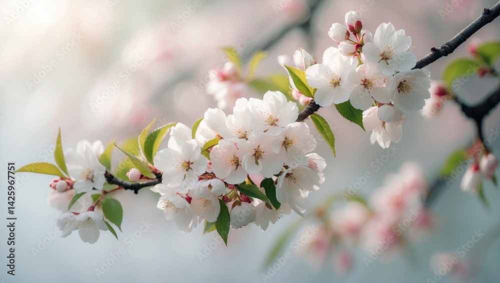 Obraz premium Close-up of a blooming Cherry Tree branch with white flowers and delicate petals against a soft-focus blurred background, highlighting the gentle beauty of the flowers