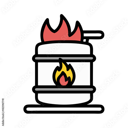 Metal Barrel with Fire Icon Representing Outdoor Heating and Warmth